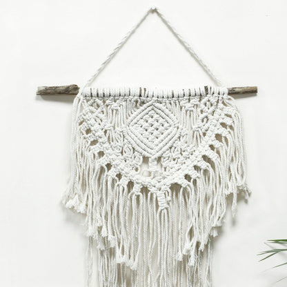 Cotton Macrame Wall Hanging – 56x40 CM handwoven natural cotton macrame wall decor with fringe, hanging on rustic wooden dowel