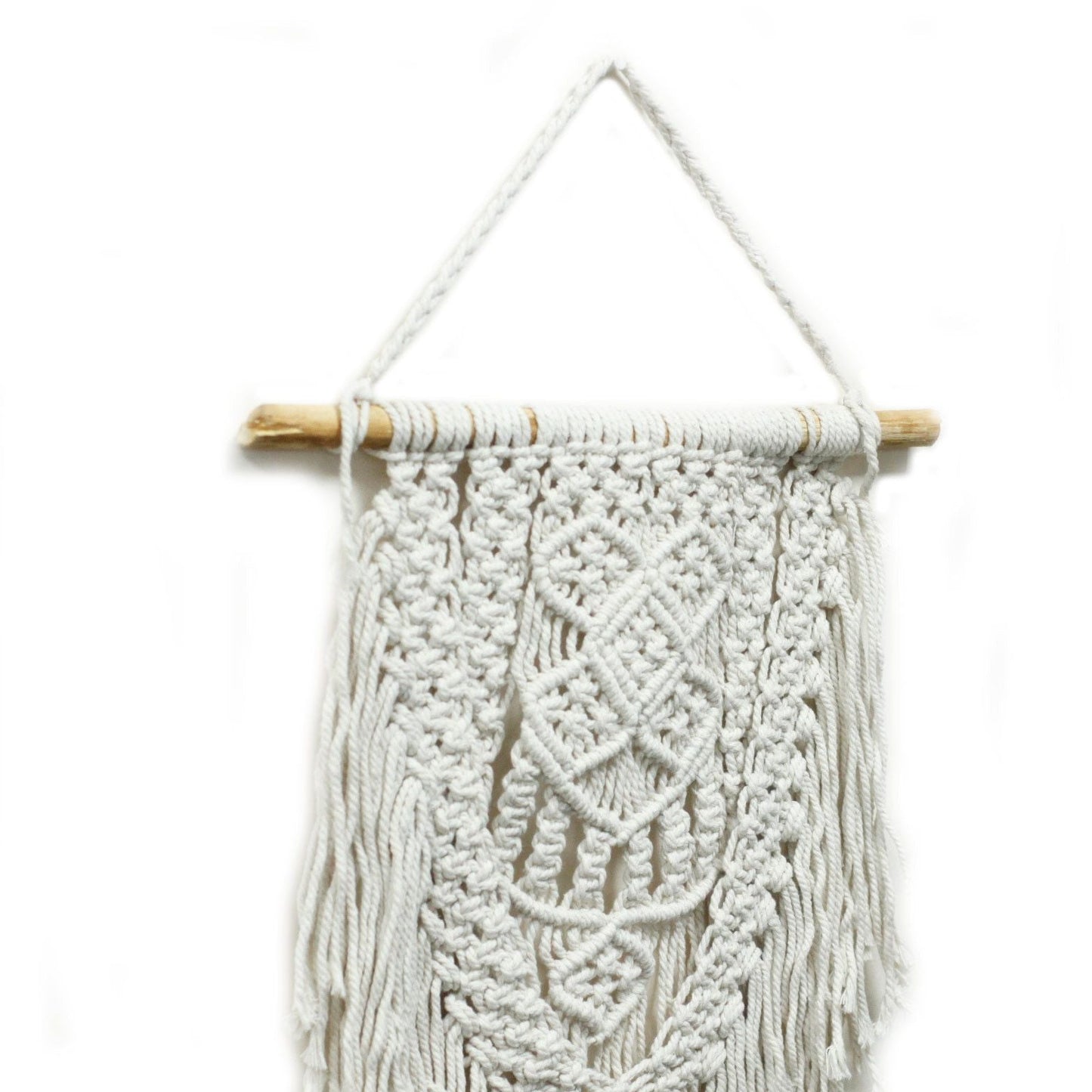 Makramé-väggbonad i bomull – 60x40 CM, vävd i vit bomull med trästav och fransar, boho-stil för vägg