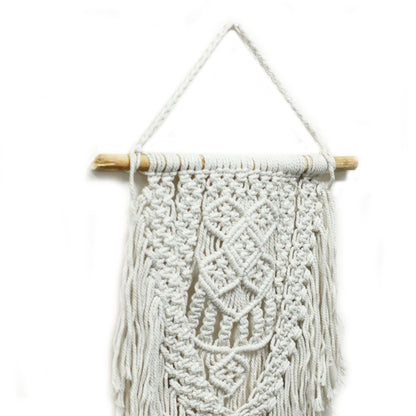 Makramé-väggbonad i bomull – 60x40 CM, vävd i vit bomull med trästav och fransar, boho-stil för vägg