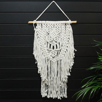 Makraméväggbonad i bomull – 60x40 CM i naturlig bomull, handknuten boho-väggdekoration med fransar på trästav