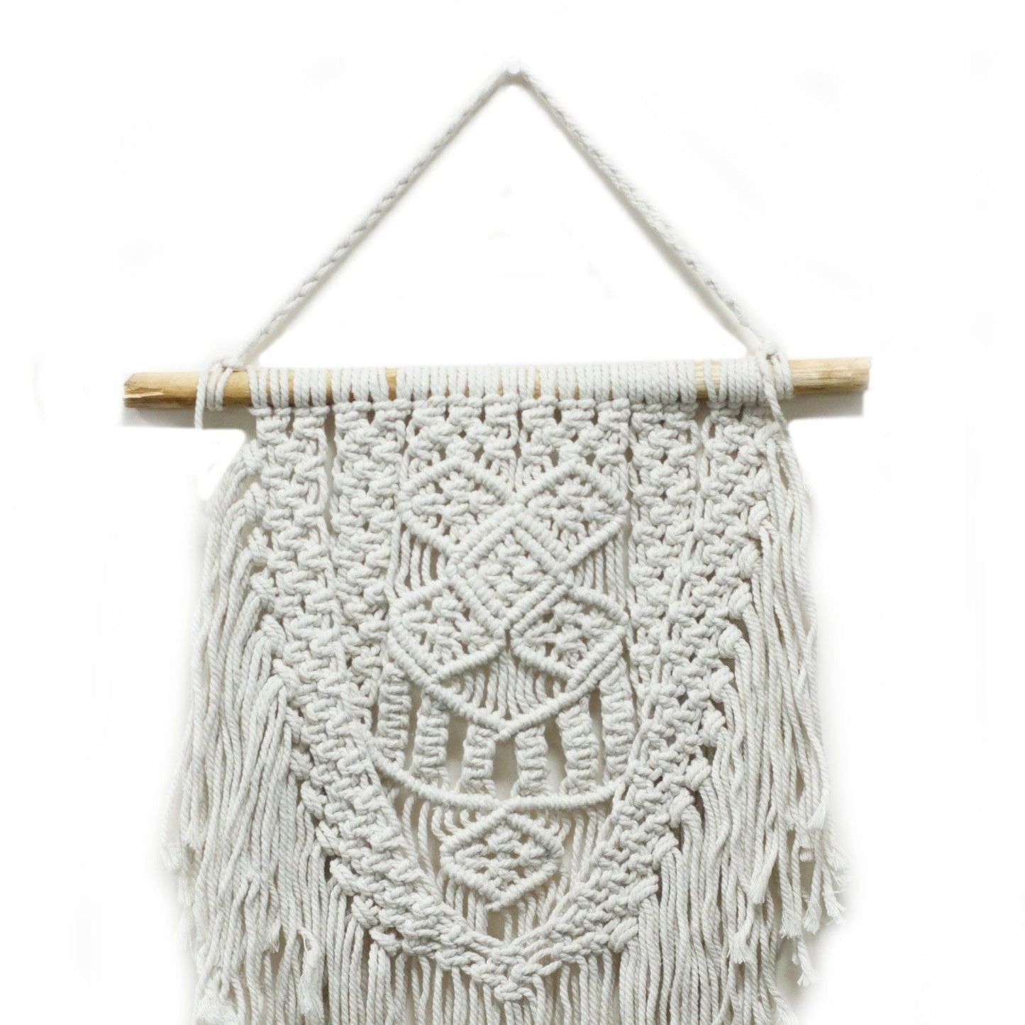Makraméväggbonad i bomull – 60x40 CM i handvävd vit bomull, boho-design med fransar, upphängd på trästång