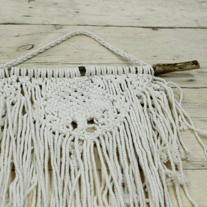 Cotton Macrame Wall Hanging – 56x40 CM handwoven natural cotton wall decor with fringe, boho macrame design on wooden dowel