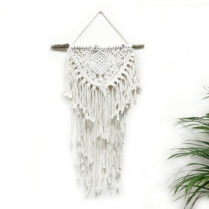 Alt Tag: Cotton Macrame Wall Hanging – 56x40 CM handwoven white cotton macrame wall decor on wooden dowel with fringe