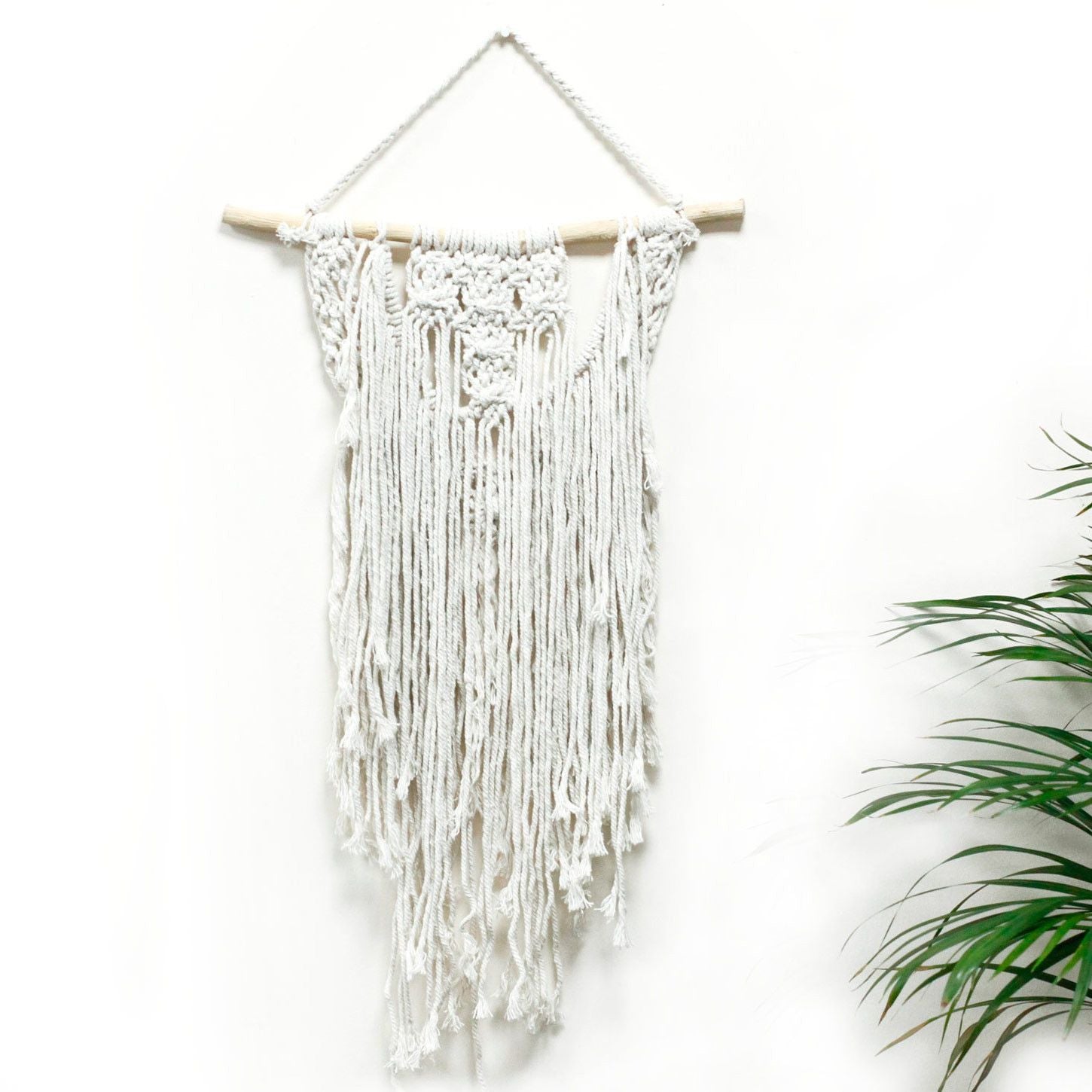 Cotton Macrame Wall Hanging – Wedding Blessing white cotton macrame wall decor with long fringe on wooden dowel, boho style
