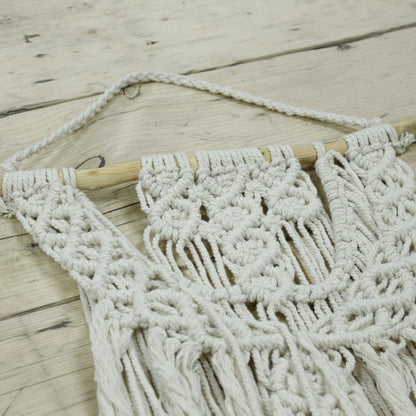 Cotton Macrame Wall Hanging – Wedding Blessing close-up of cotton knotted macrame wall decor with tassels on wooden dowel, boho style