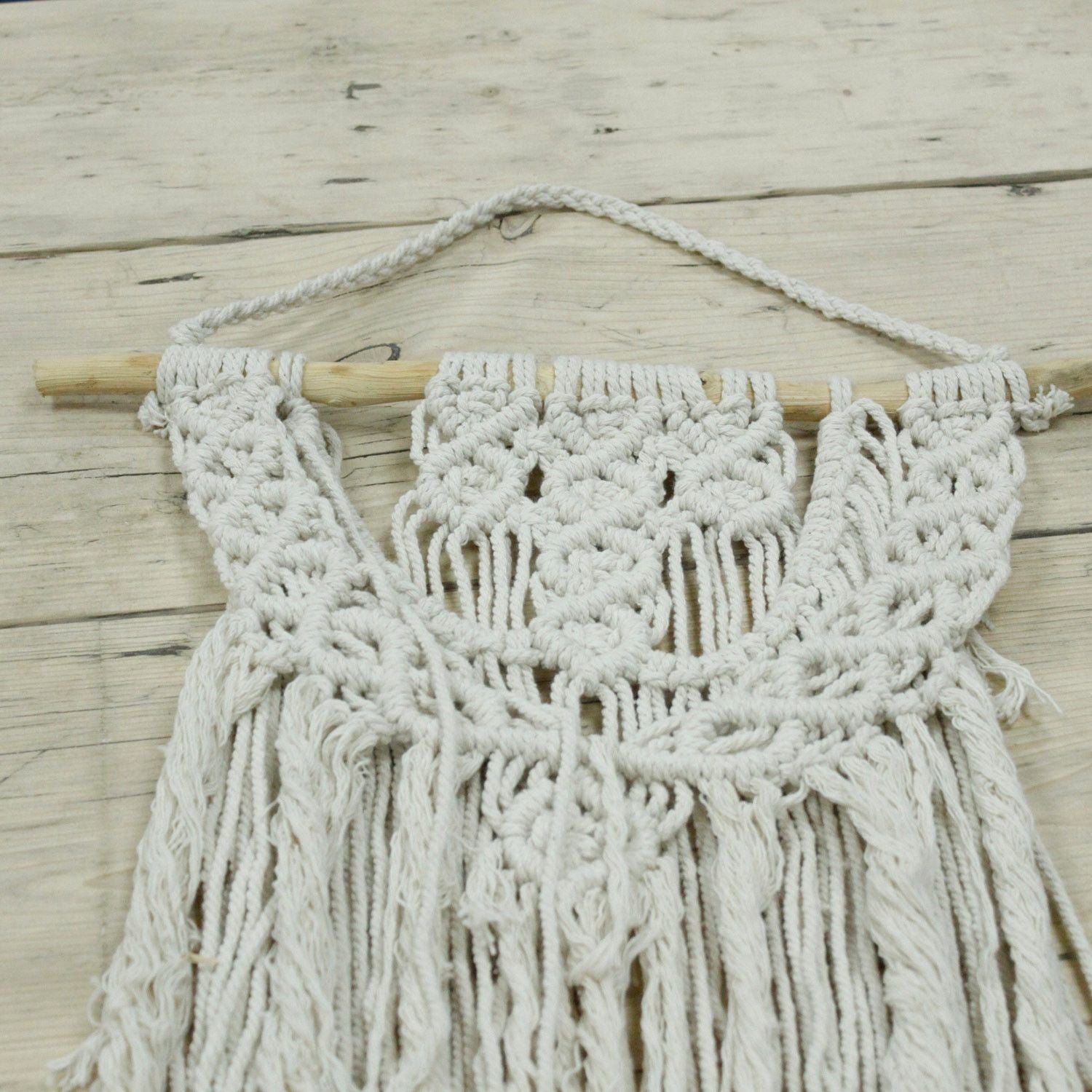 Cotton Macrame Wall Hanging – Wedding Blessing ivory cotton macrame wall decor with fringe on wooden dowel, close-up