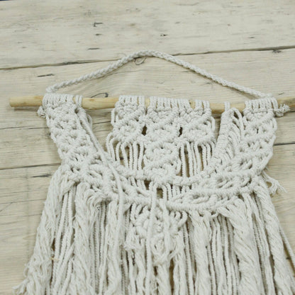 Cotton Macrame Wall Hanging – Wedding Blessing ivory cotton macrame wall decor with fringe on wooden dowel, close-up