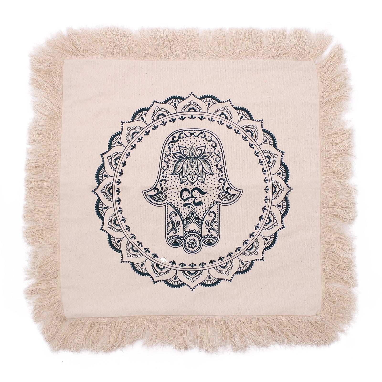 Alt Tag: Cotton Mandala Cushion Cover – 45x45 CM Green, cotton cushion cover with mandala hand design and fringe trim