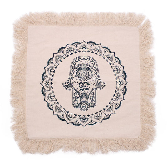 Alt Tag: Cotton Mandala Cushion Cover – 45x45 CM Green, cotton cushion cover with mandala hand design and fringe trim