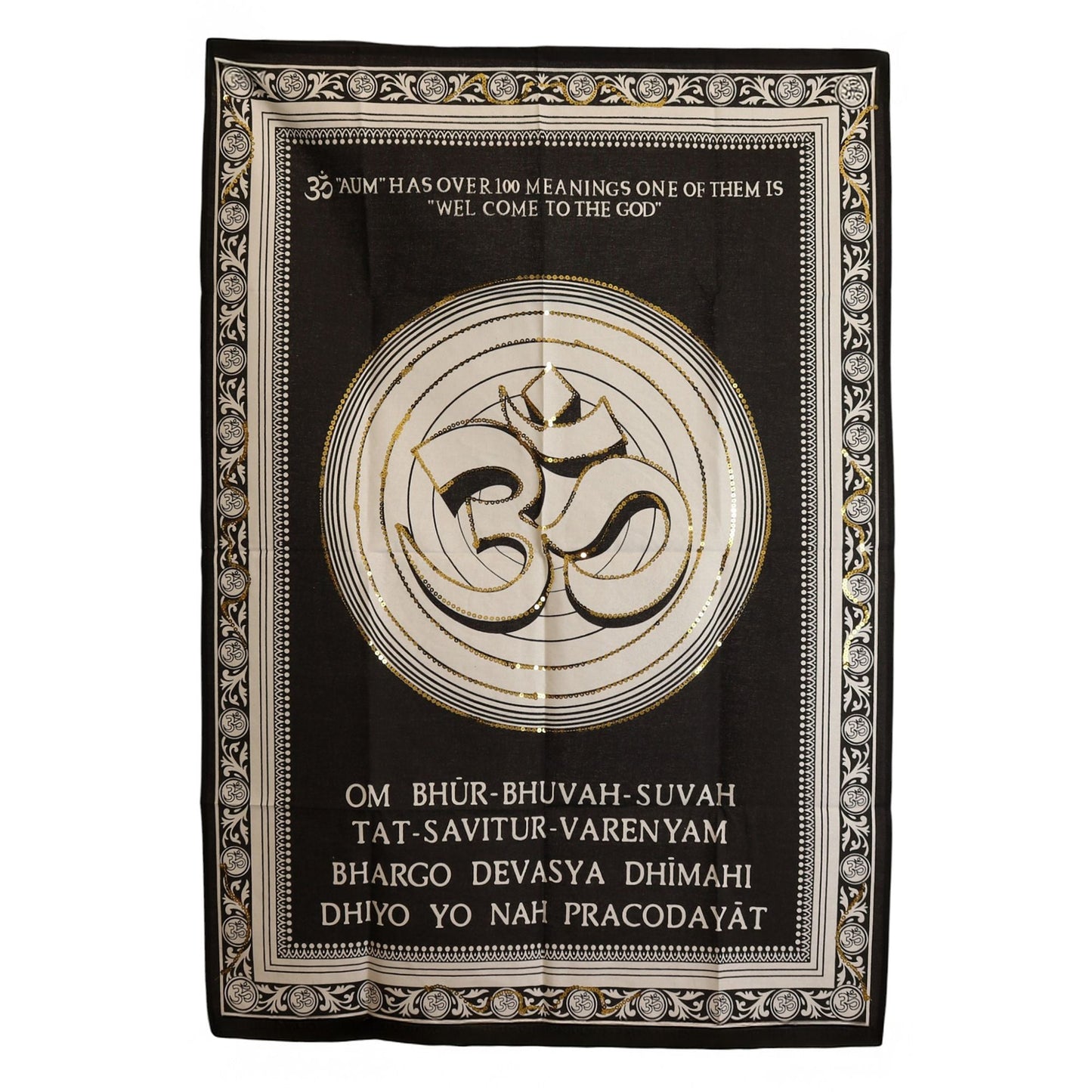 Cotton Om Wall Art – 70x110 CM black cotton wall hanging with gold Om symbol, circular design and decorative border