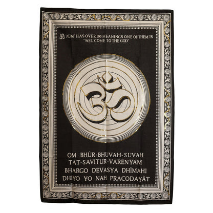 Cotton Om Wall Art – 70x110 CM black cotton wall hanging with gold Om symbol, circular design and decorative border