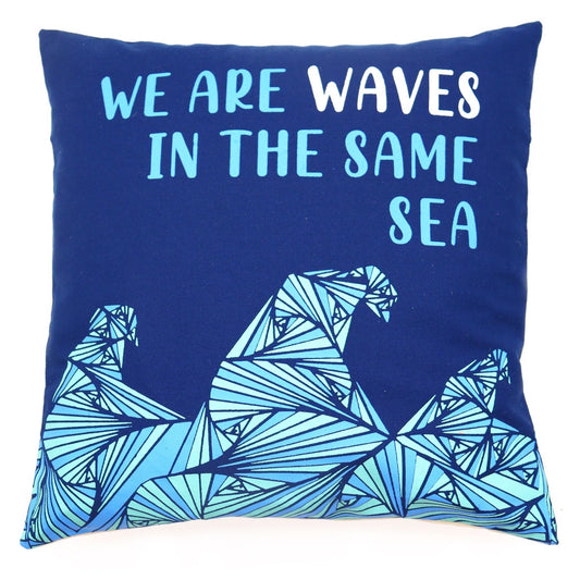Cotton Poem Cushion Cover – 45x45 CM Grey with “WE ARE WAVES IN THE SAME SEA” quote and wave illustration, zip back closure