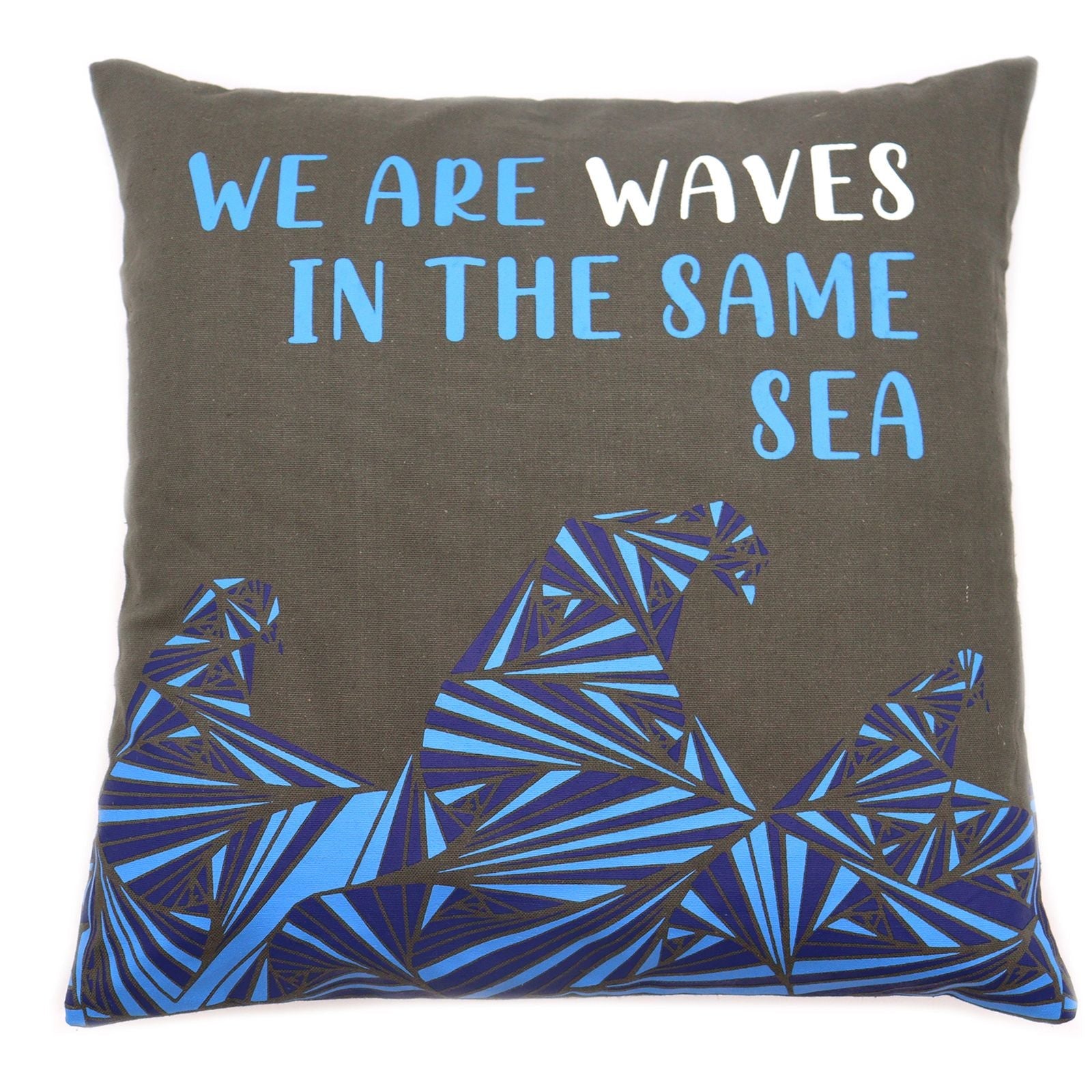 Cotton Poem Cushion Cover – We Are Waves, Natural – 45x45 CM cushion cover with “We Are Waves” text and blue wave illustration