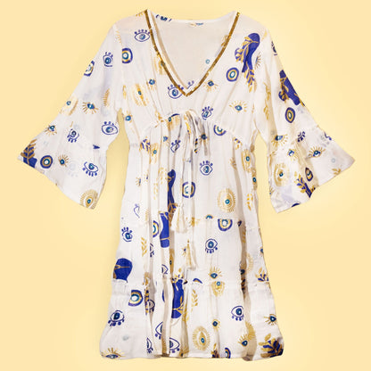 Cotton Sari Dress – White, Blue & Gold, vestido tipo sari de algodón con estampado de ojo turco en blanco, azul y dorado