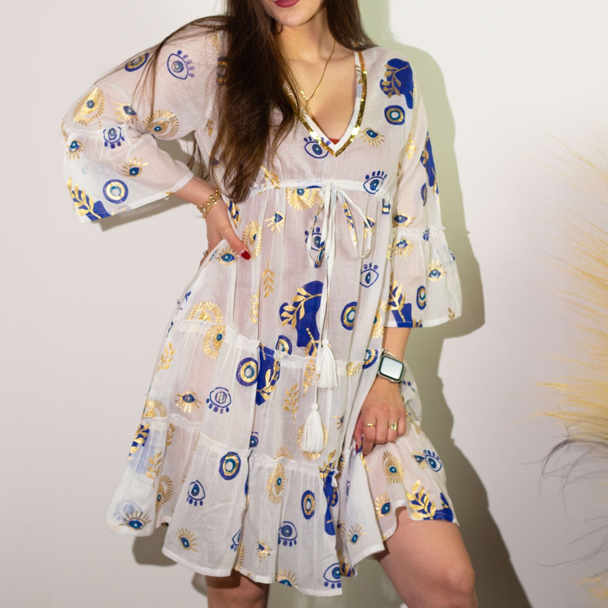 Cotton Sari Dress – White, Blue & Gold, white cotton mini dress with blue and gold evil eye print and tassel tie waist