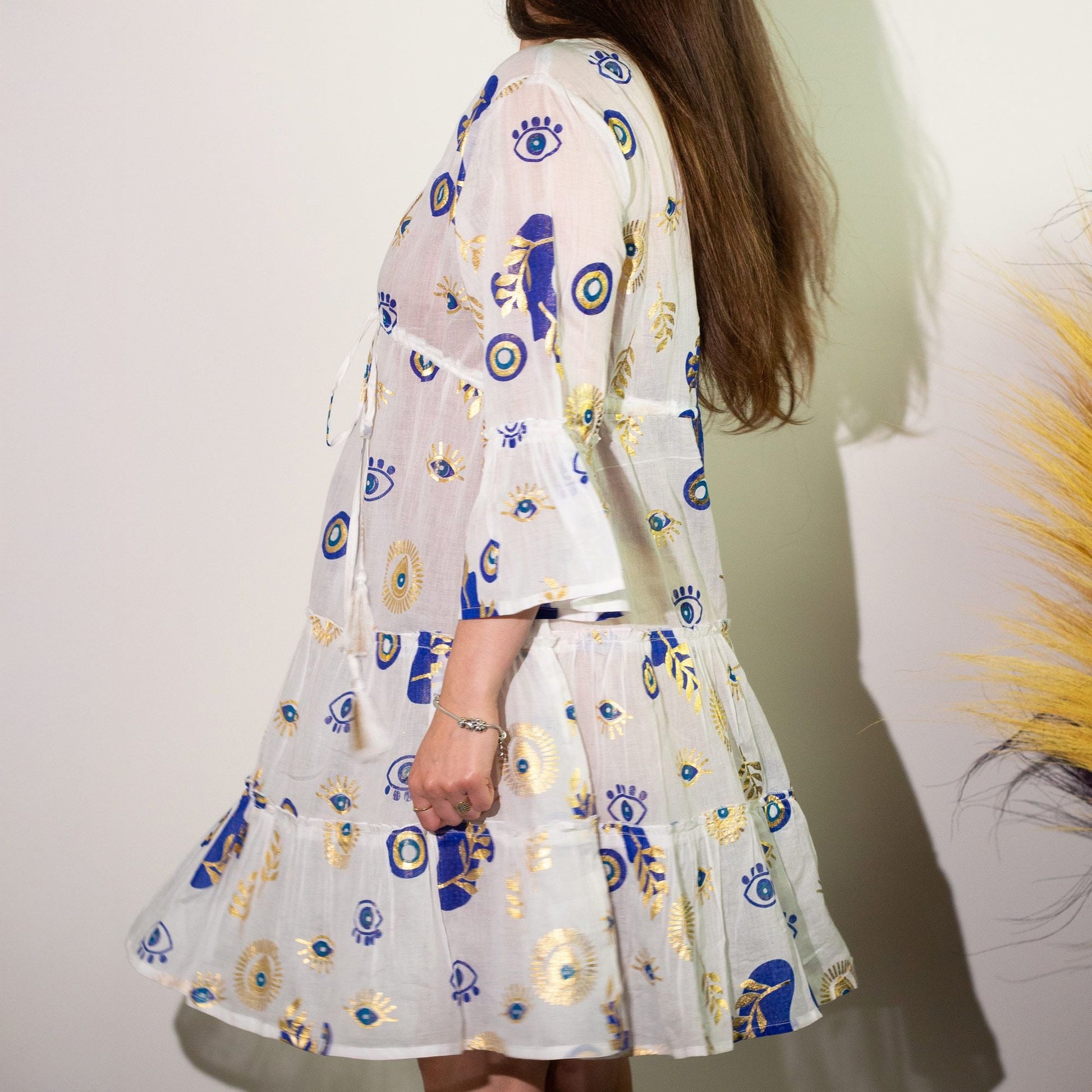 Cotton Sari Dress – White, Blue & Gold with evil eye pattern, pure cotton white dress with blue and gold print, side view