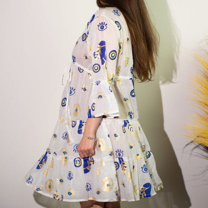 Cotton Sari Dress – White, Blue & Gold with evil eye pattern, pure cotton white dress with blue and gold print, side view