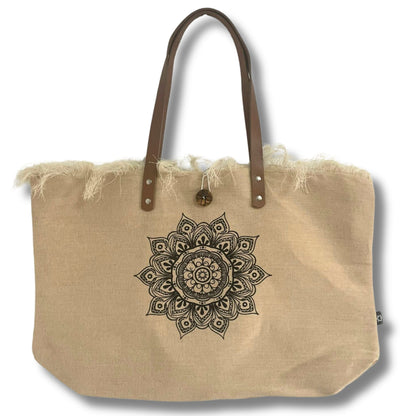 Alt Tag: 100% Cotton Tote Bag with Leather Handles – Flower of Life beige cotton canvas tote with brown leather straps and floral mandala print