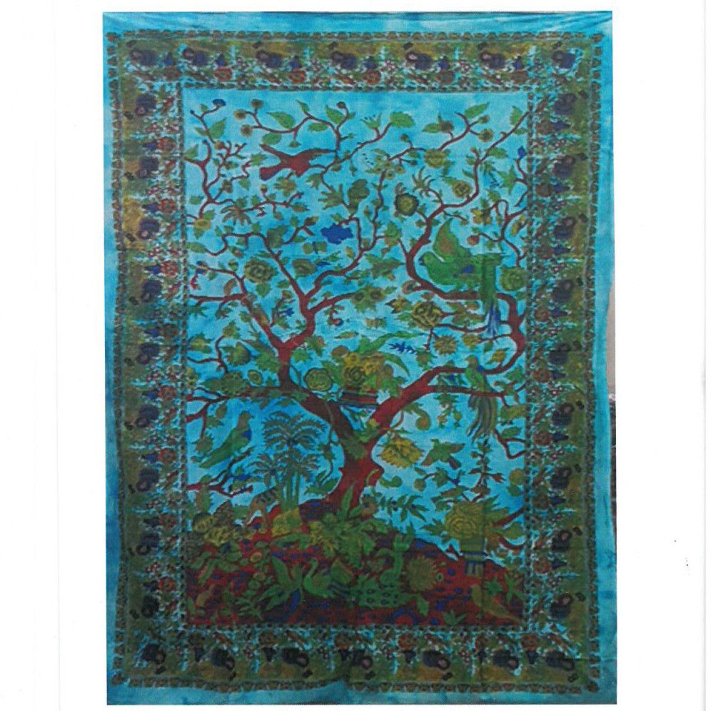 Alt-Tag: Cotton Tree of Life Art – 78x112 CM Baumwoll-Wandteppich mit Lebensbaum-Design in Türkistönen und dekorativer Bordüre