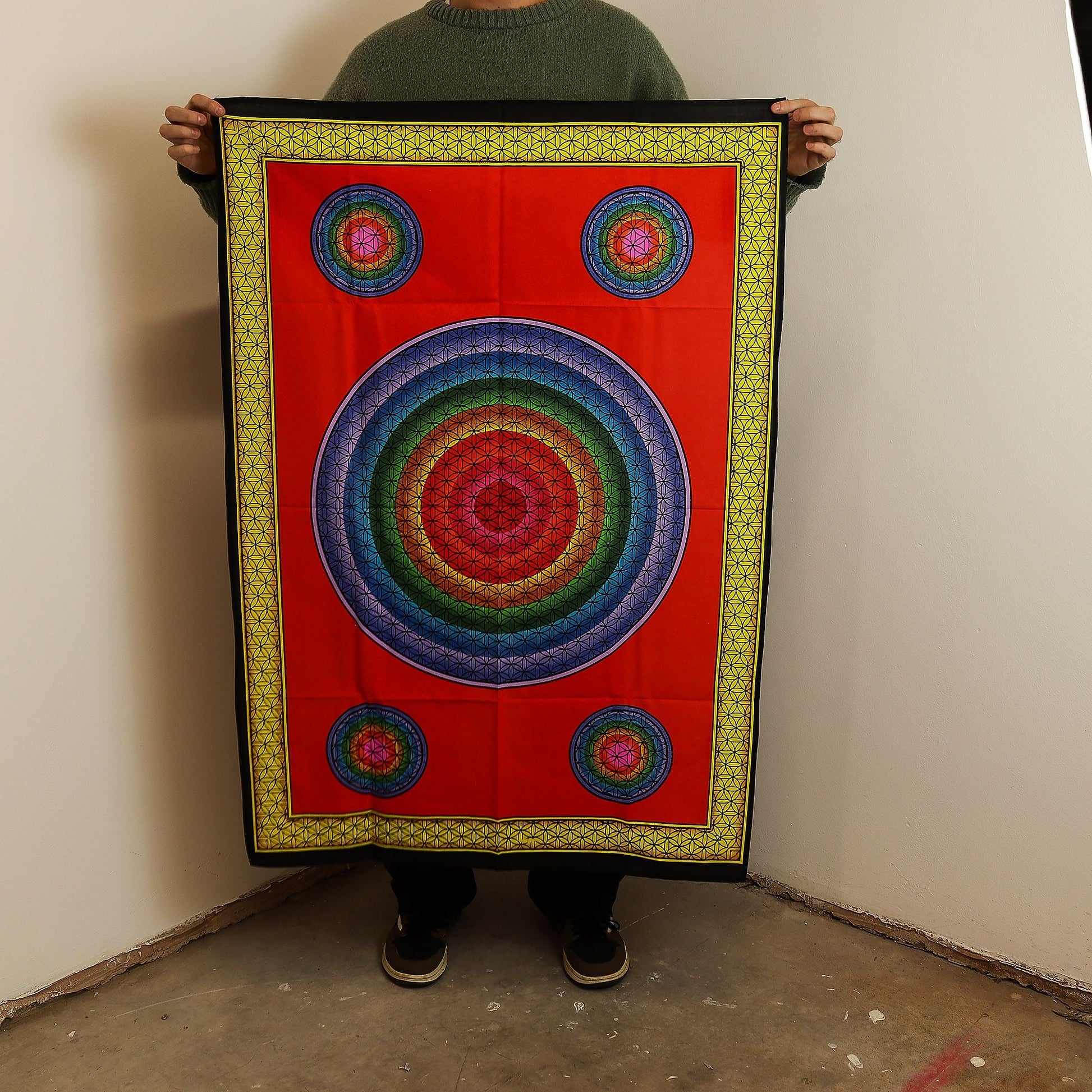 Tapices de pared de algodón – 70x110 CM Five Flower of Life Red, tapiz de pared de algodón rojo con círculos de geometría sagrada multicolor