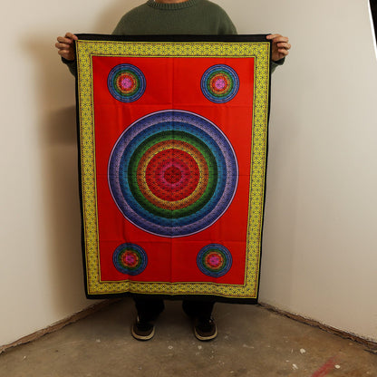 Tapices de pared de algodón – 70x110 CM Five Flower of Life Red, tapiz de pared de algodón rojo con círculos de geometría sagrada multicolor