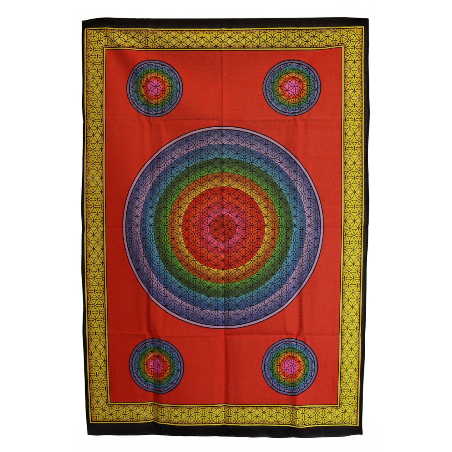 Alt Tag: Tapices de pared de algodón – 70x110 CM Five Flower of Life Red, tapiz de pared de algodón rojo con círculos de geometría sagrada y borde amarillo