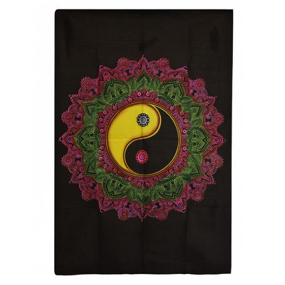 Arte de mandala Yin Yang en algodón – tapiz de pared colgante de algodón negro de 70x110 CM con diseño de mandala Yin Yang en rosa y verde