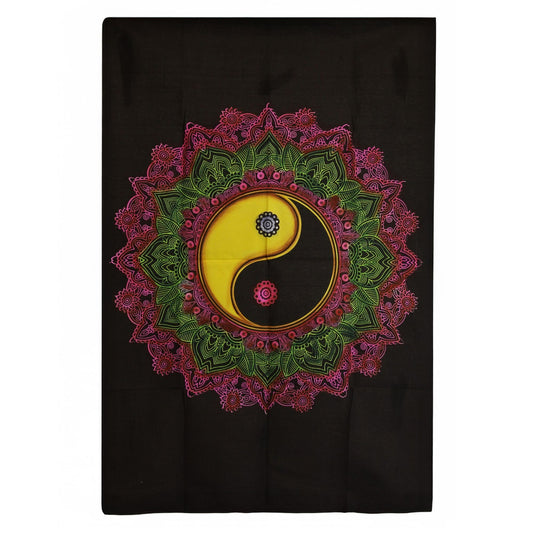 Yin Yang-mandala i bomull – 70x110 CM svart väggbonad i bomull med rosa och grön mandala och Yin Yang-motiv