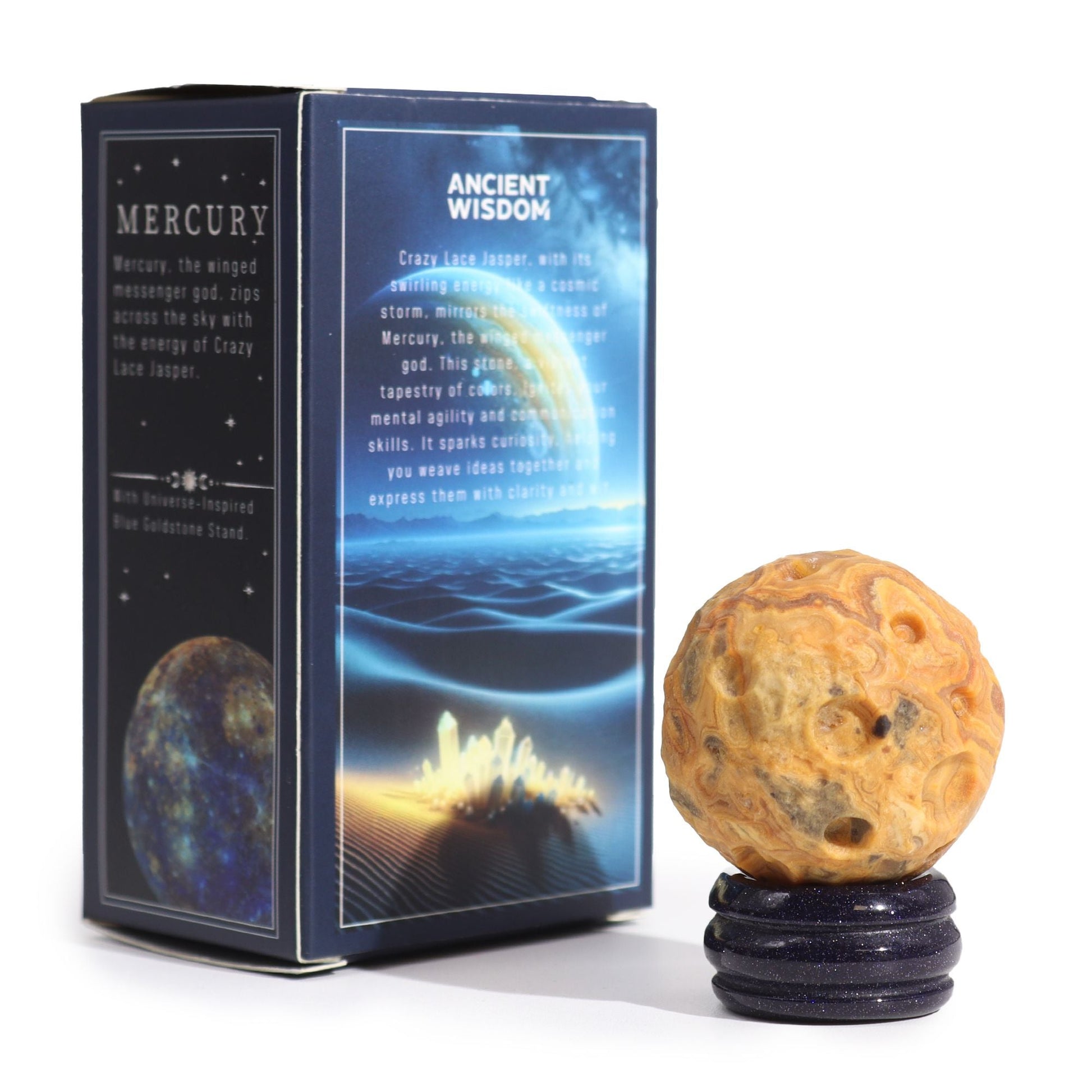 Alt Tag: Crazy Lace Jasper Gemstone Planet – 40MM on Solar Goldstone stand with Mercury-themed gift box packaging