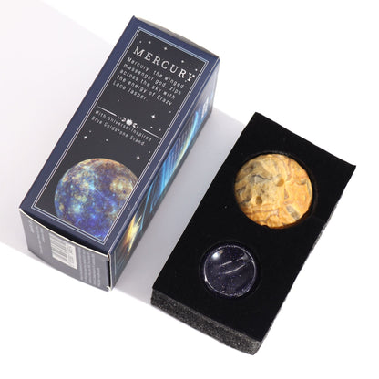 Crazy Lace Jasper Gemstone Planet – 40MM on Solar Goldstone stand with Mercury-themed gift box, gemstone planet sphere