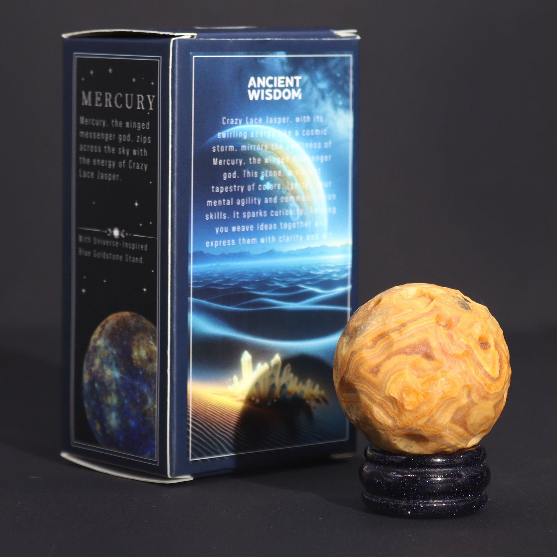 Crazy Lace Jasper Gemstone Planet – 40MM sphere on Solar Goldstone stand beside Mercury Ancient Wisdom display box