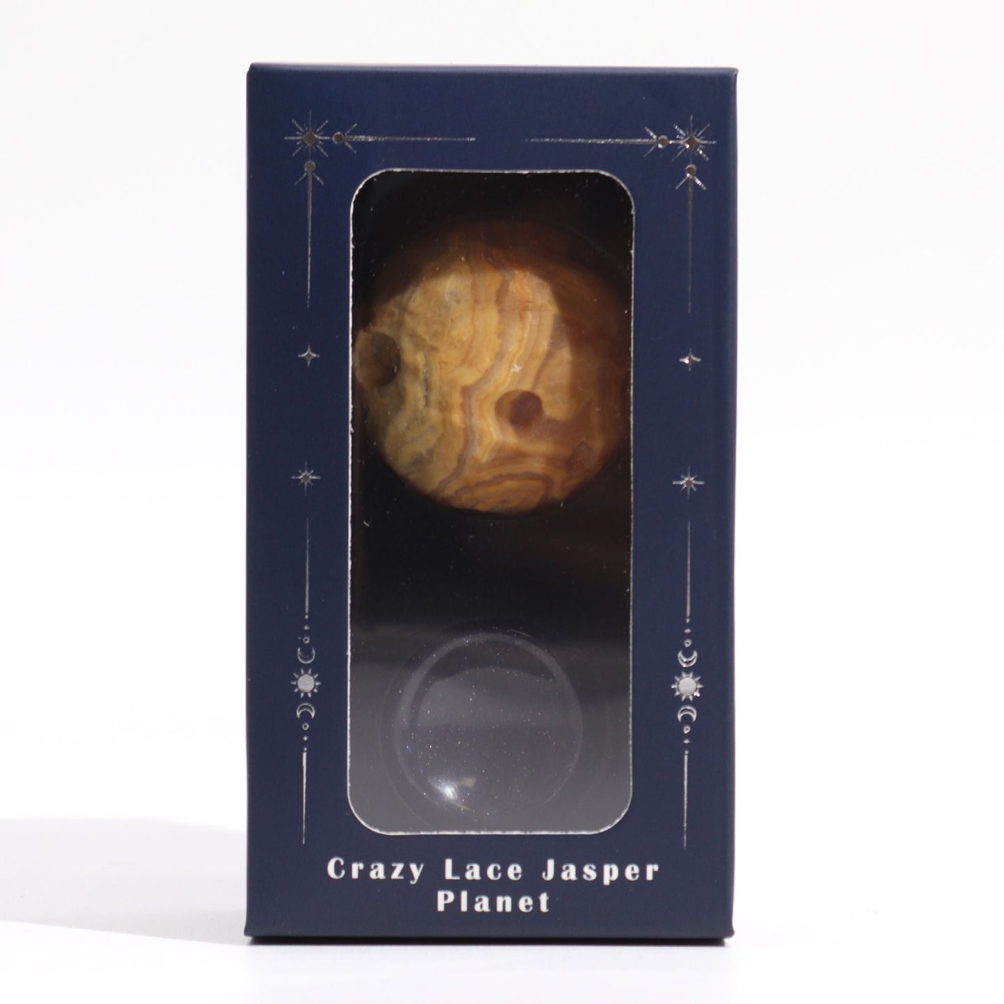 Alt Tag: Crazy Lace Jasper Gemstone Planet – 40MM in gift box packaging, round jasper sphere visible through window