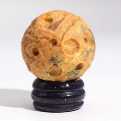 Crazy Lace Jasper Gemstone Planet – 40MM sphere on Solar Goldstone stand, beige and brown patterned gemstone planet decor