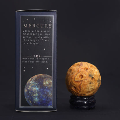 Alt Tag: Crazy Lace Jasper Gemstone Planet – 40MM sphere on blue goldstone stand beside Mercury gift box