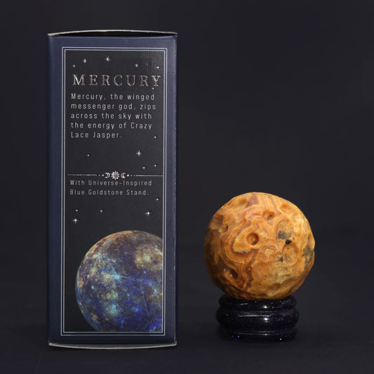Alt Tag: Crazy Lace Jasper Gemstone Planet – 40MM sphere on blue goldstone stand beside Mercury gift box
