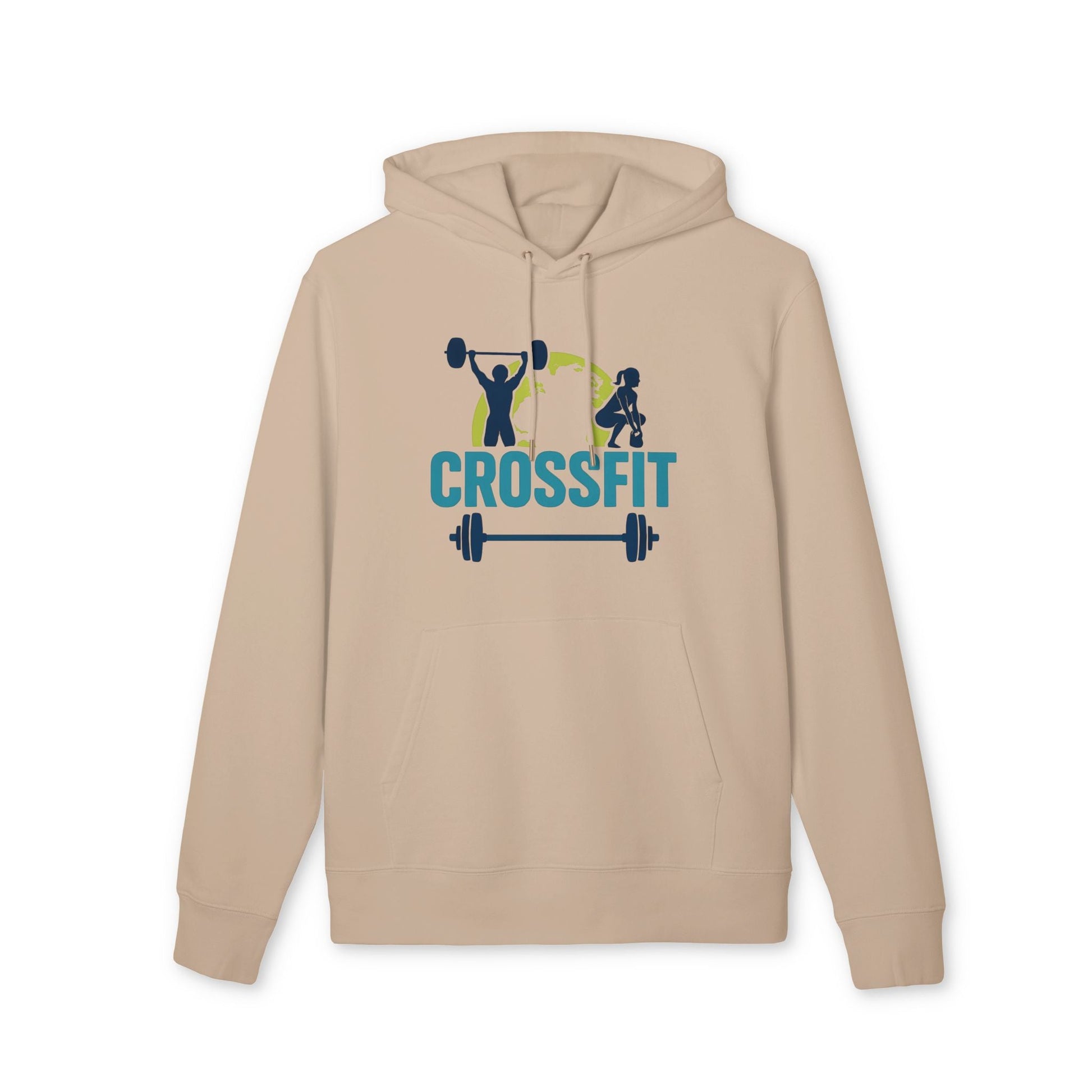 Alt Tag: Crossfit Sustainable Unisex Hoodie beige con capucha y gráfico CROSSFIT con barra y atletas