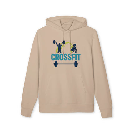 Alt Tag: Crossfit Sustainable Unisex Hoodie beige con capucha y gráfico CROSSFIT con barra y atletas