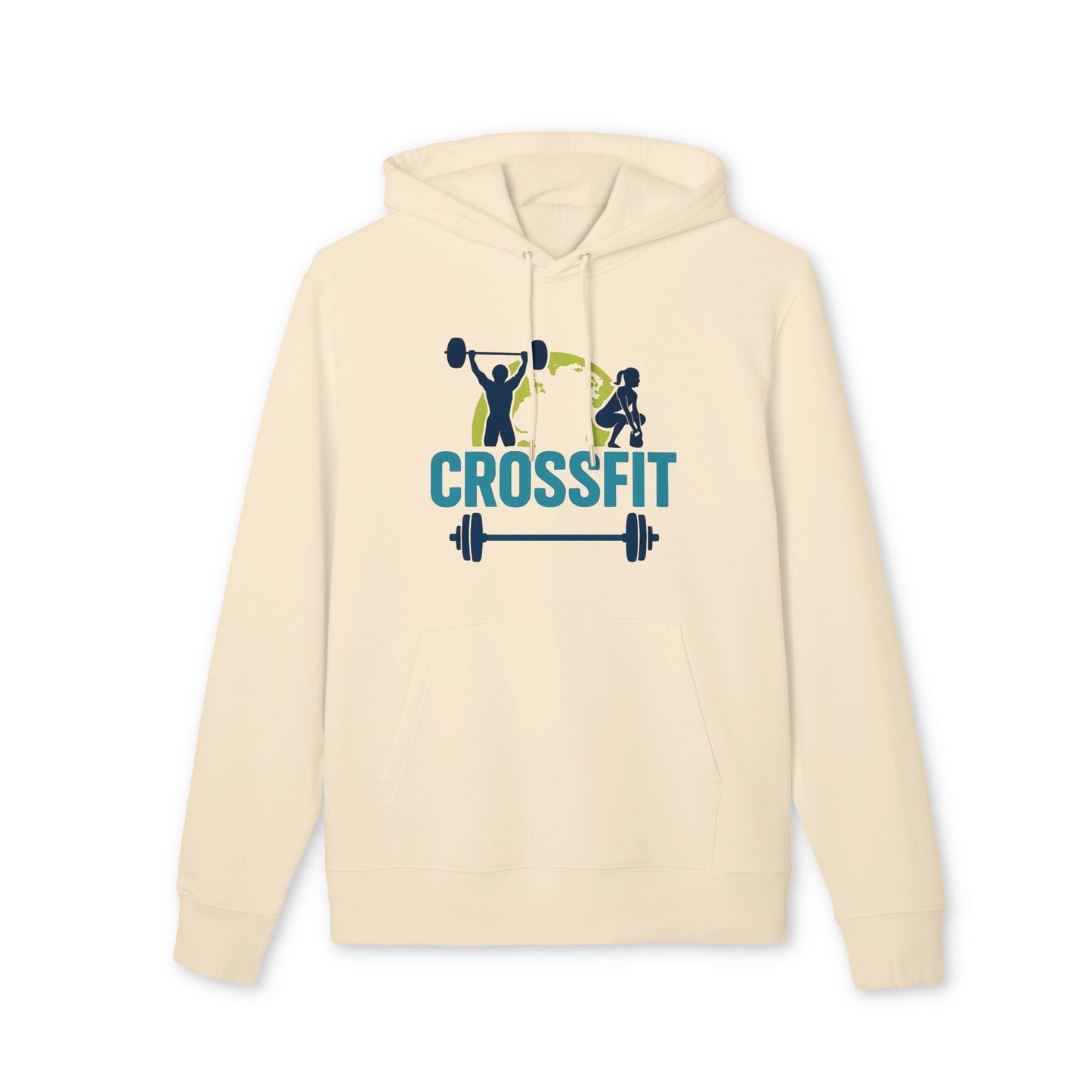 Crossfit Sustainable Unisex Hoodie color crema con capucha y bolsillo canguro, estampado Crossfit con siluetas de atletas y barra