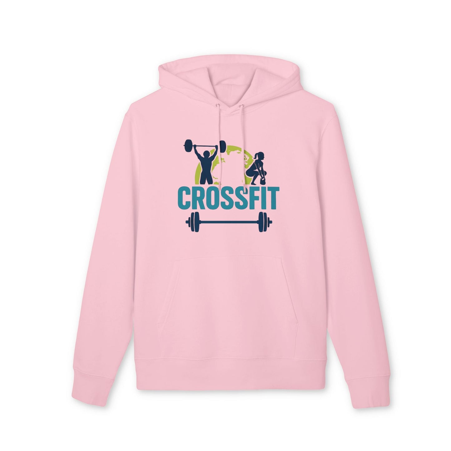 Crossfit Sustainable Unisex Hoodie rosa de algodón orgánico con capucha y bolsillo canguro, estampado CROSSFIT con pesas