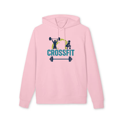 Crossfit Sustainable Unisex Hoodie rosa de algodón orgánico con capucha y bolsillo canguro, estampado CROSSFIT con pesas