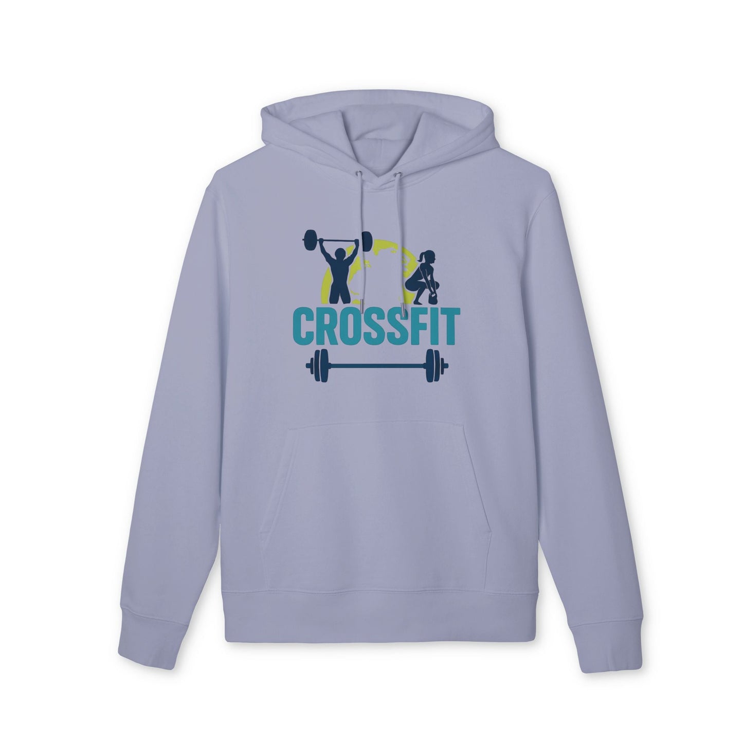 Alt Tag: Crossfit Sustainable Unisex Hoodie gris claro con capucha y bolsillo canguro, estampado CROSSFIT con halterofilia en el pecho