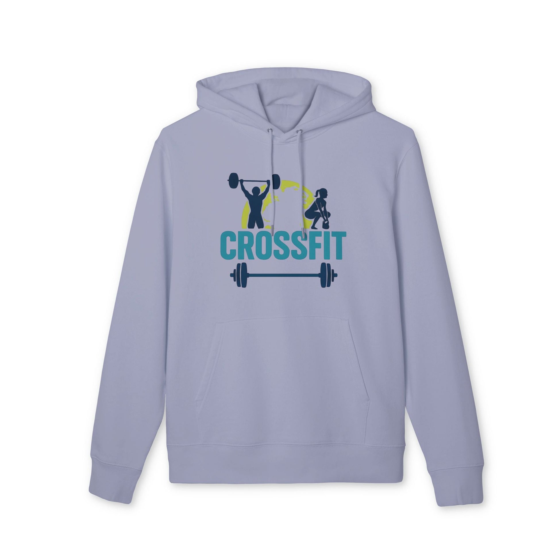Alt Tag: Crossfit Sustainable Unisex Hoodie gris claro con capucha y bolsillo canguro, estampado CROSSFIT con halterofilia en el pecho