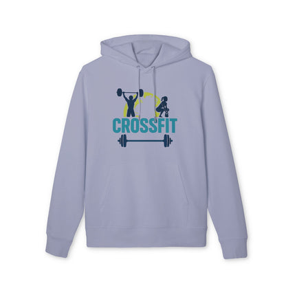 Alt Tag: Crossfit Sustainable Unisex Hoodie gris claro con capucha y bolsillo canguro, estampado CROSSFIT con halterofilia en el pecho