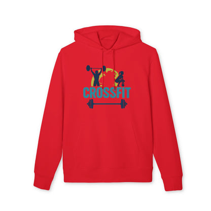 Alt Tag: Crossfit Sustainable Unisex Hoodie rojo con capucha, estampado CROSSFIT y halterofilia, algodón orgánico