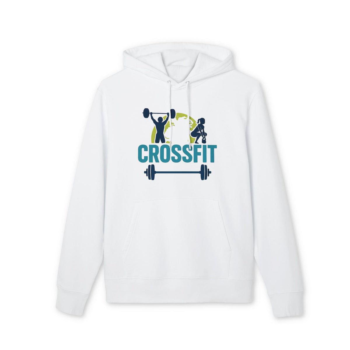Crossfit Sustainable Unisex Hoodie blanca de algodón orgánico con capucha, cordones y gráfico Crossfit con barra en el pecho