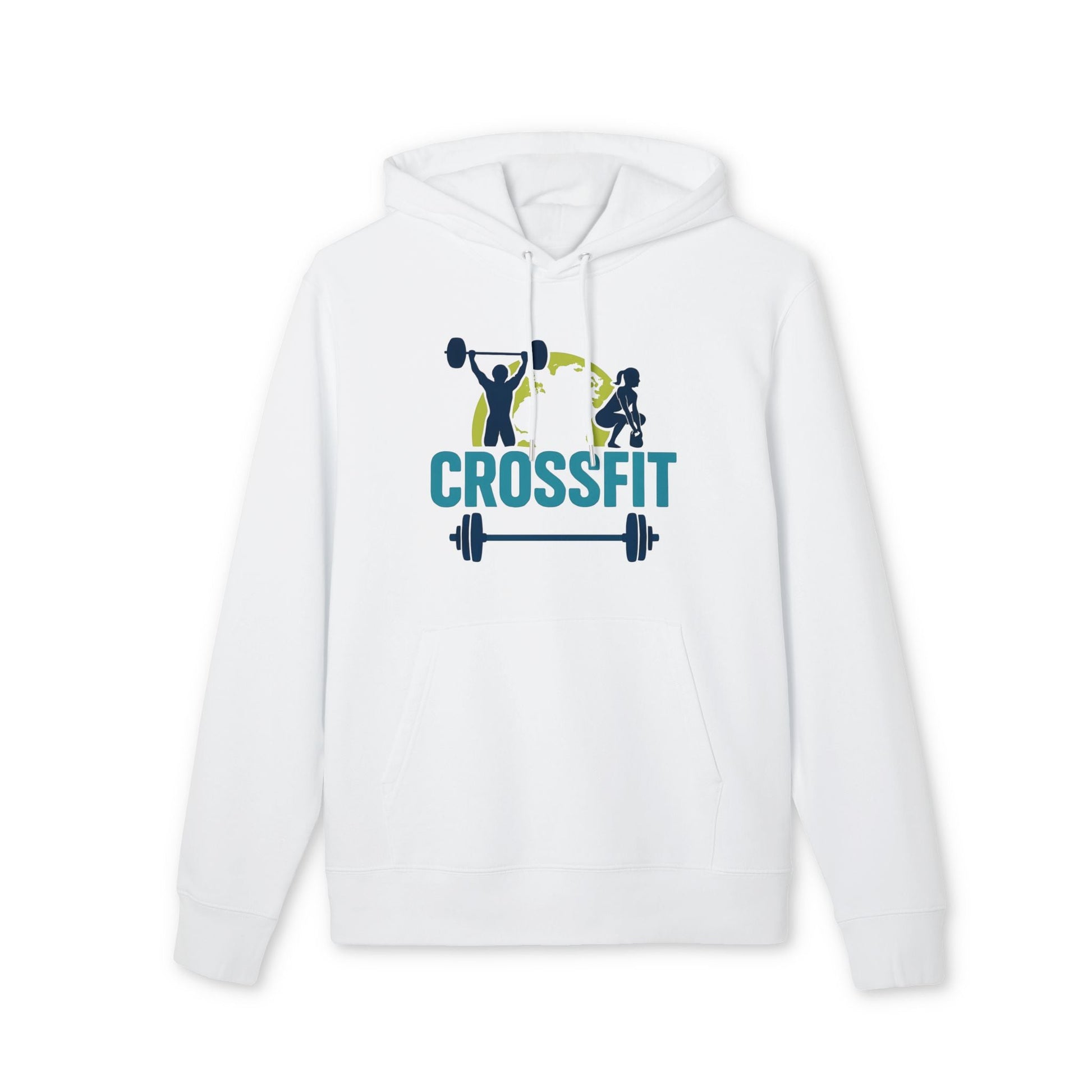 Crossfit Sustainable Unisex Hoodie blanca de algodón orgánico con capucha, cordones y gráfico Crossfit con barra en el pecho