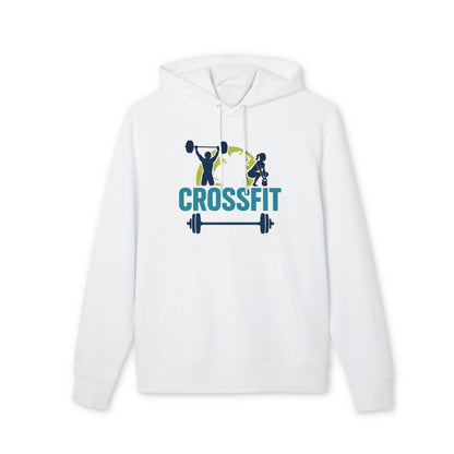 Crossfit Sustainable Unisex Hoodie blanca de algodón orgánico con capucha, cordones y gráfico Crossfit con barra en el pecho