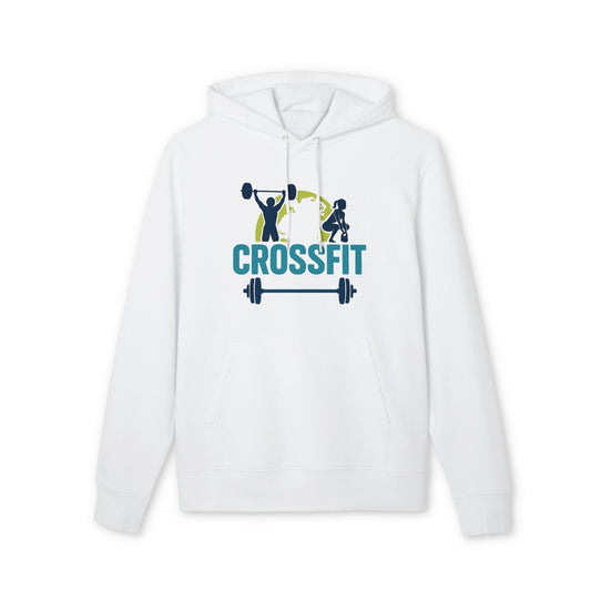 Crossfit Sustainable Unisex Hoodie blanca de algodón orgánico con capucha, cordones y gráfico Crossfit con barra en el pecho