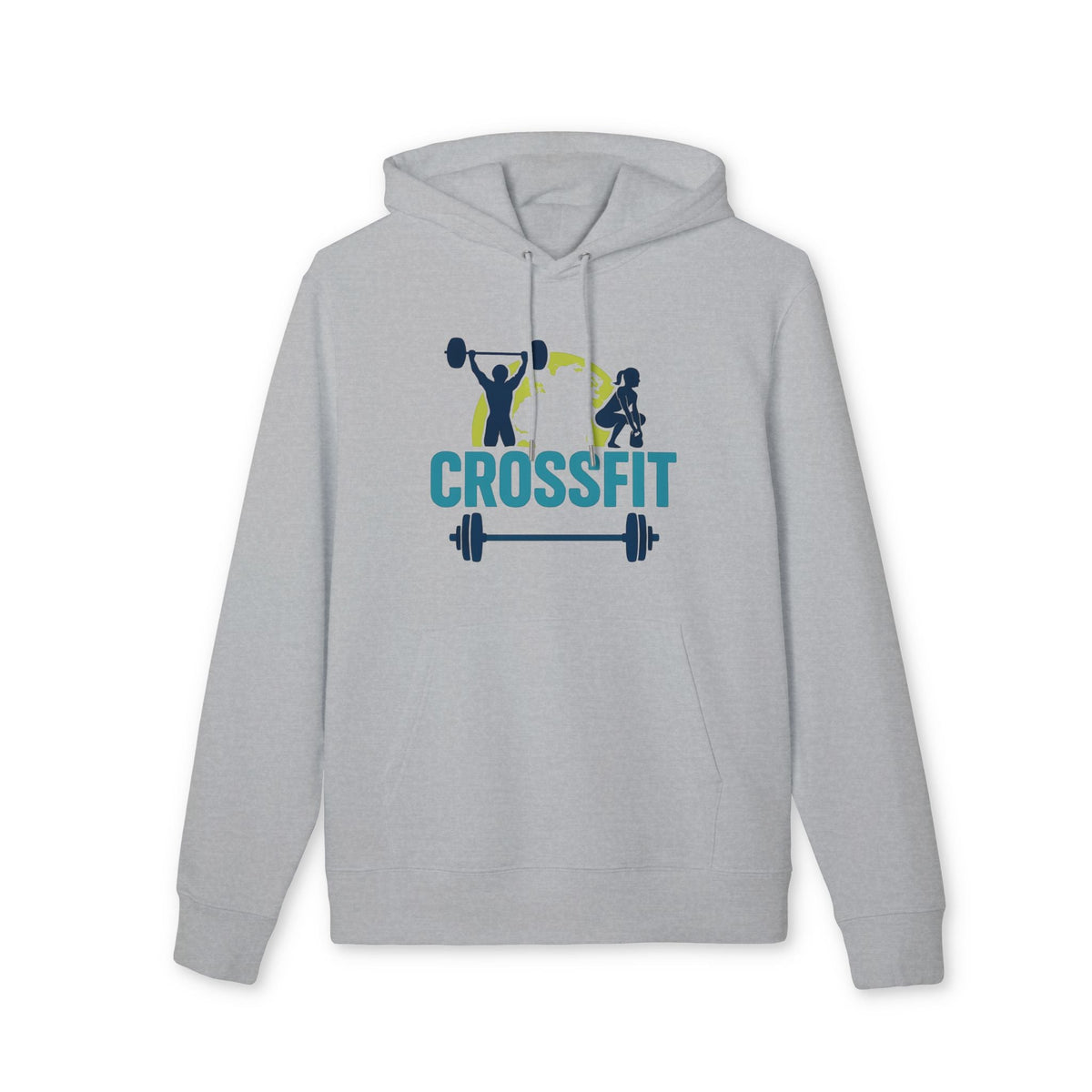 Crossfit Sustainable Unisex Hoodie gris claro con capucha y cordones, logo Crossfit con atletas y barra en el pecho
