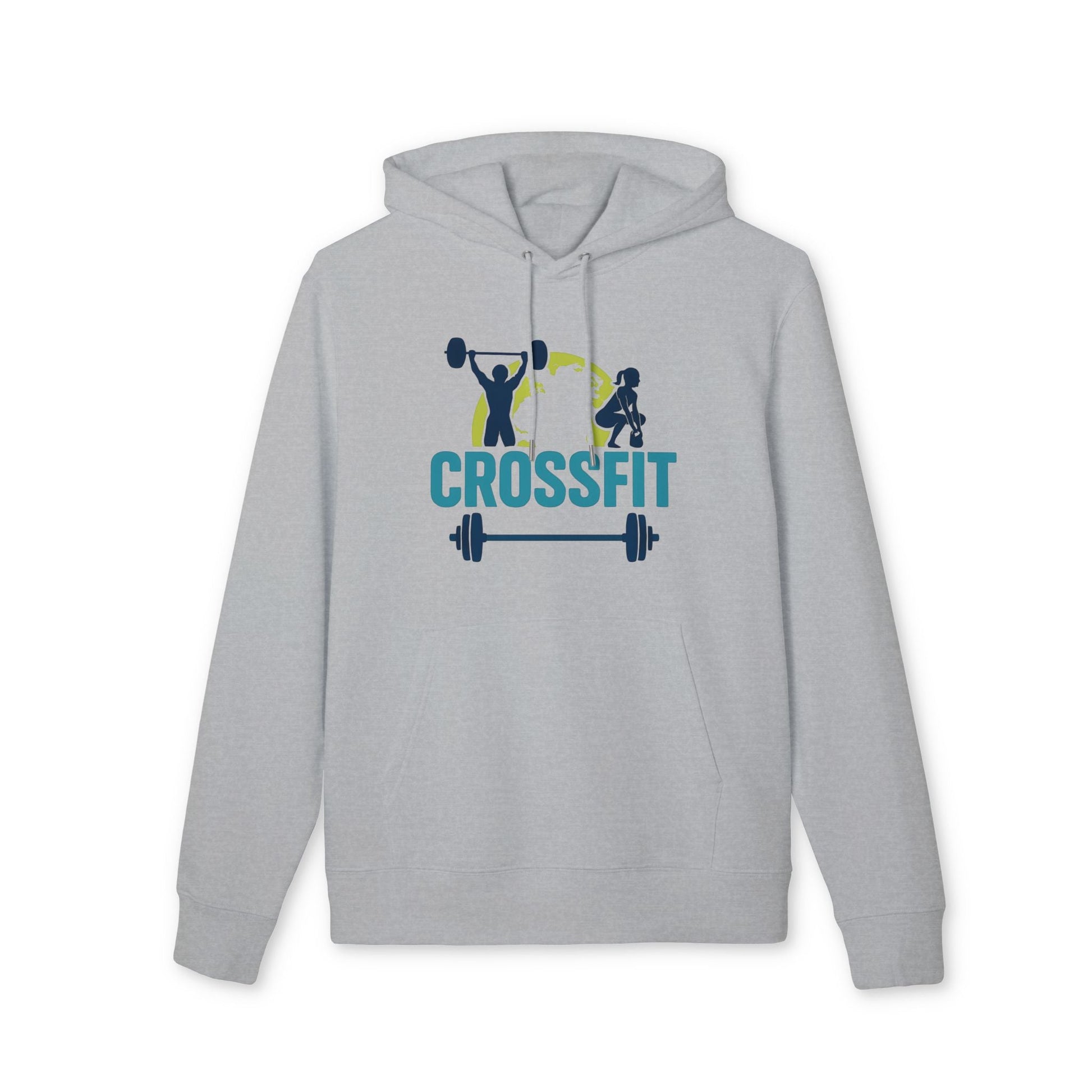 Crossfit Sustainable Unisex Hoodie gris claro con capucha y cordones, logo Crossfit con atletas y barra en el pecho